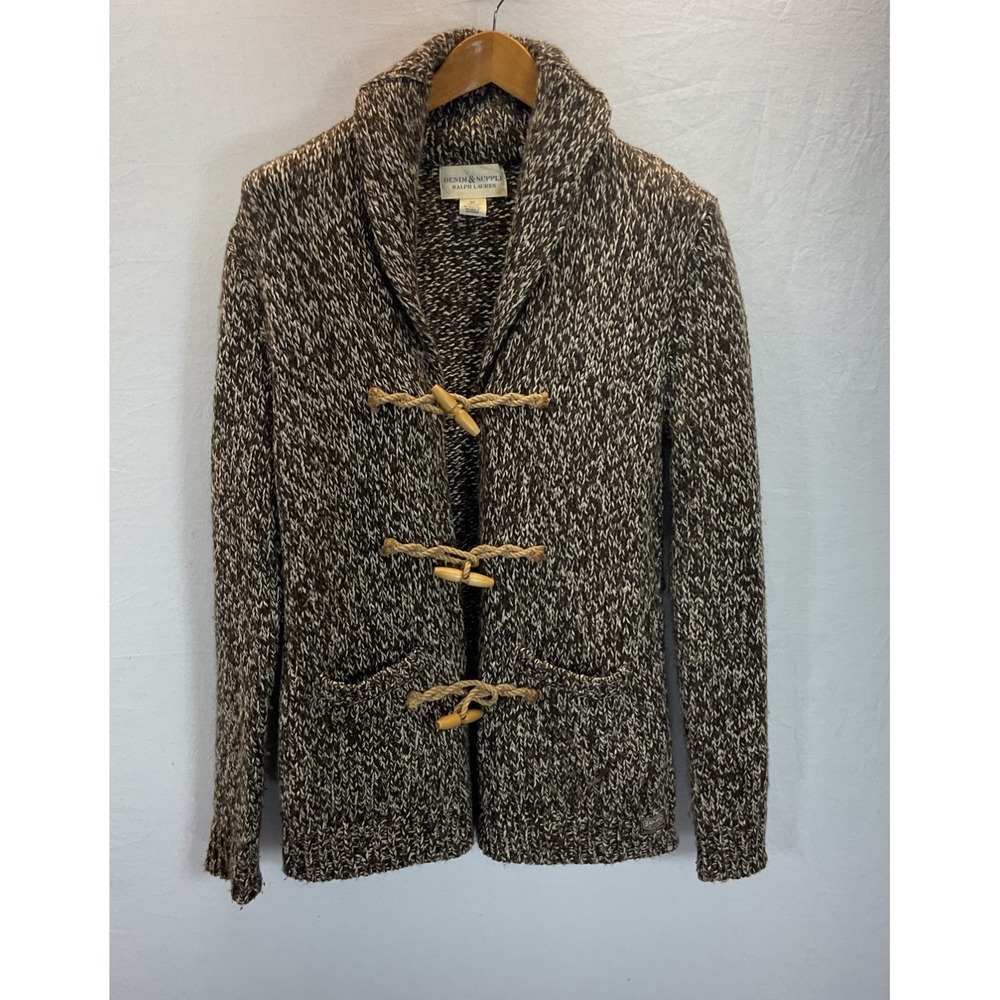 Ralph Lauren Denim & Supply Brown Cable Knit Toggle Shawl Collar Cardigan Mens S